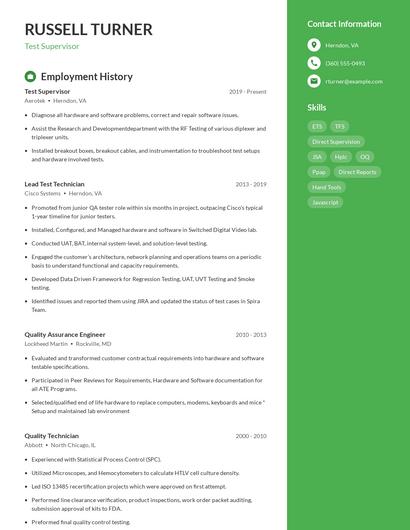 Test Supervisor Resume