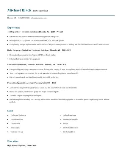 Test Supervisor Resume