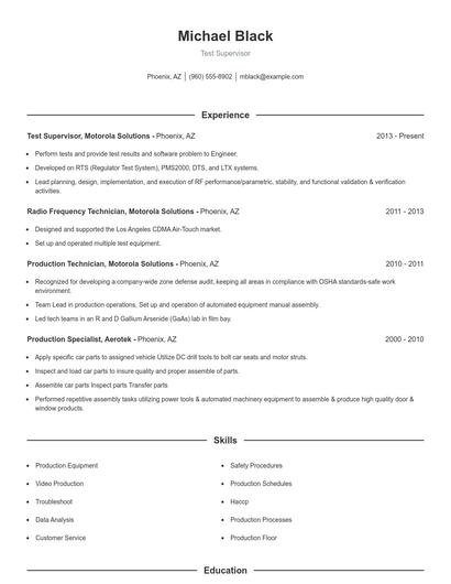 Test Supervisor Resume