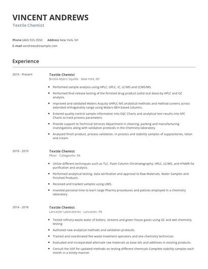 Textile Chemist Resume