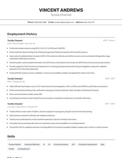 Textile Chemist Resume