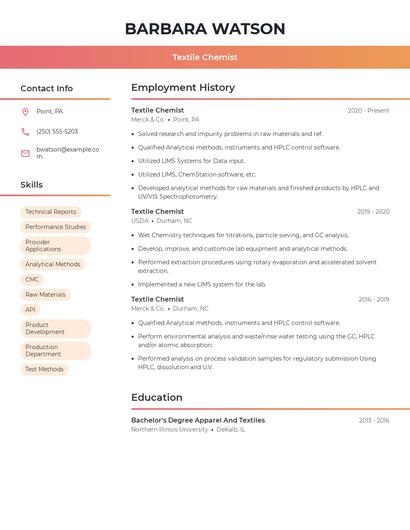 Textile Chemist Resume