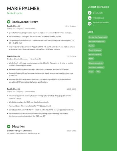 Textile Chemist Resume