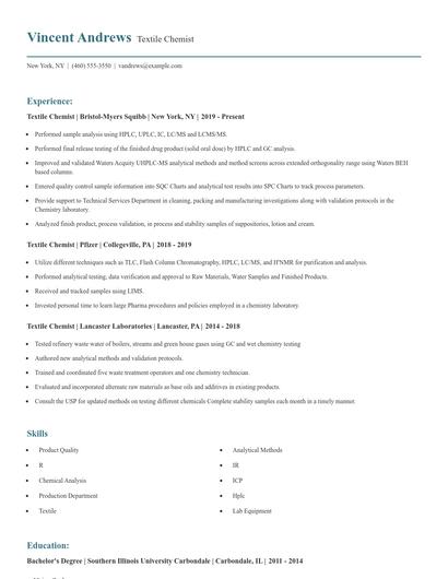 Textile Chemist Resume