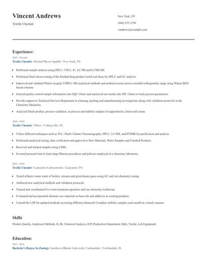 Textile Chemist Resume