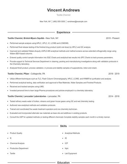 Textile Chemist Resume