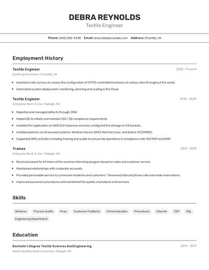 Textile Engineer Resume