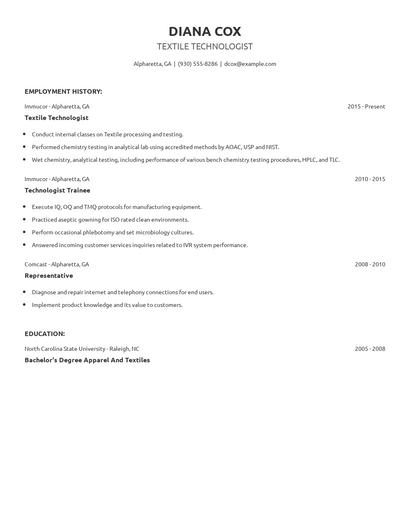 Textile Technologist Resume