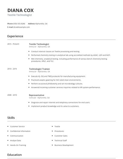 Textile Technologist Resume