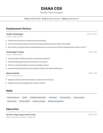 Textile Technologist Resume