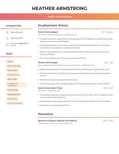 Textile Technologist Resume