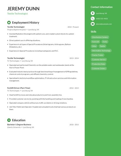 Textile Technologist Resume