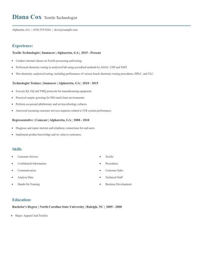 Textile Technologist Resume