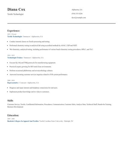 Textile Technologist Resume