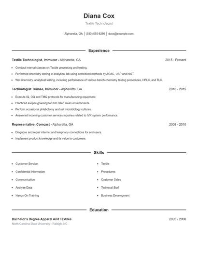 Textile Technologist Resume