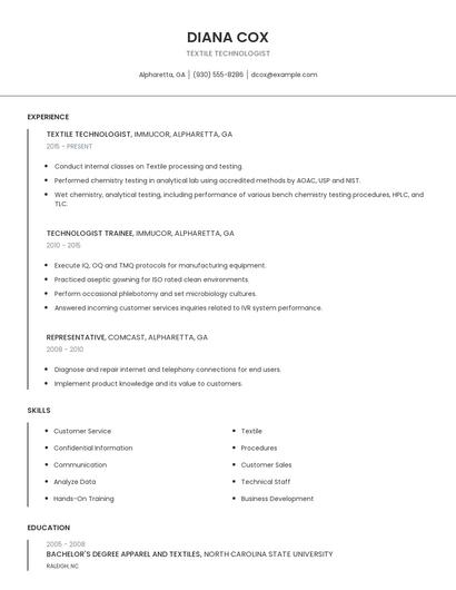 Textile Technologist Resume