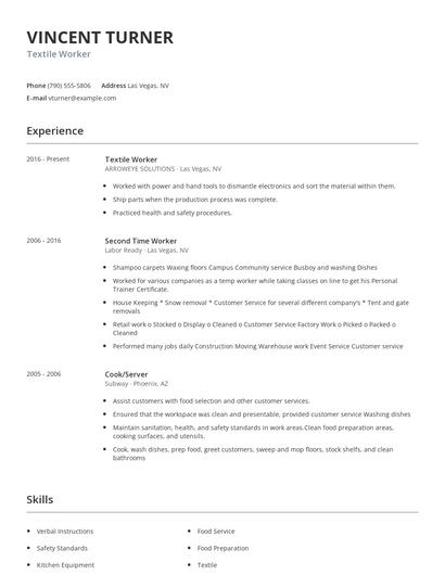 Textile Worker Resume