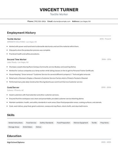 Textile Worker Resume
