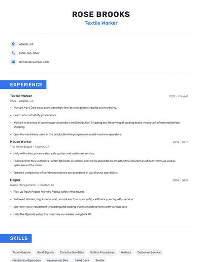 Textile Worker Resume