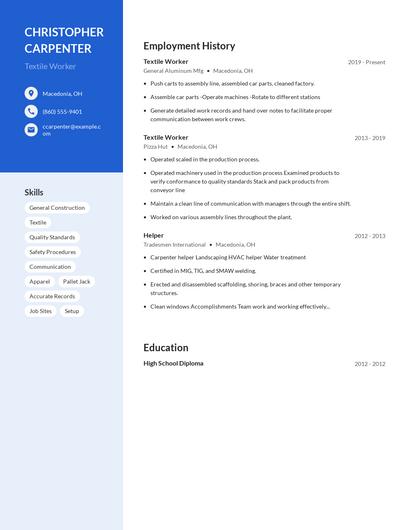 Textile Worker Resume