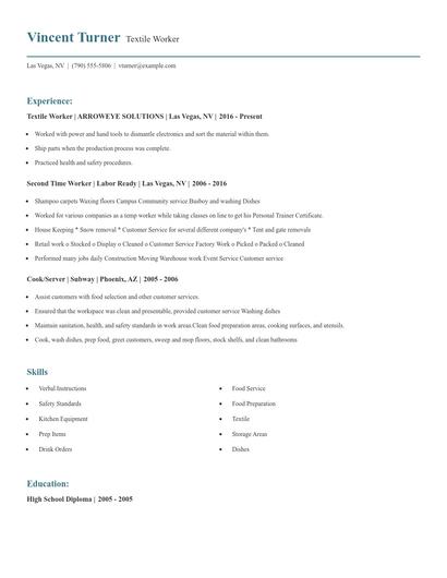 Textile Worker Resume