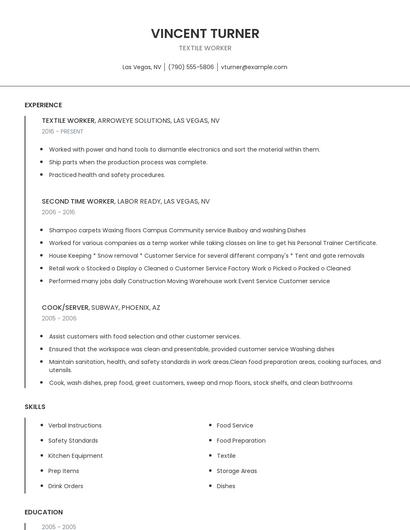 Textile Worker Resume