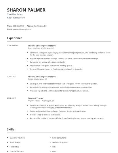 Textiles Sales Representative Resume
