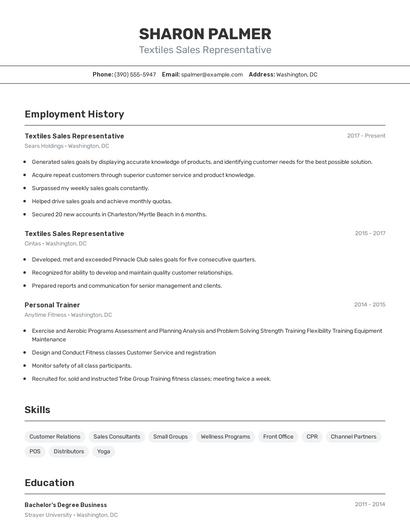 Textiles Sales Representative Resume