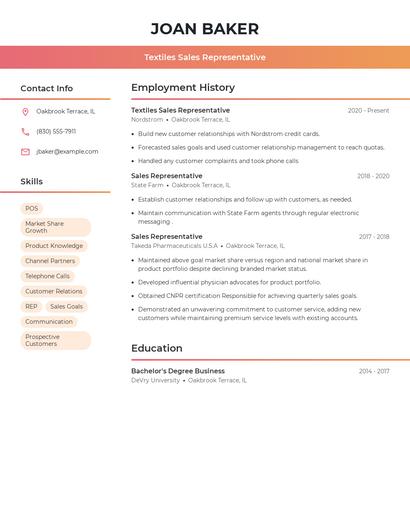 Textiles Sales Representative Resume