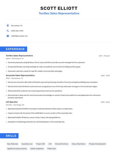 Textiles Sales Representative Resume