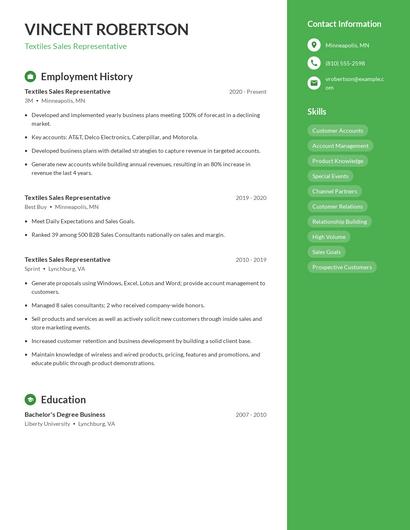 Textiles Sales Representative Resume