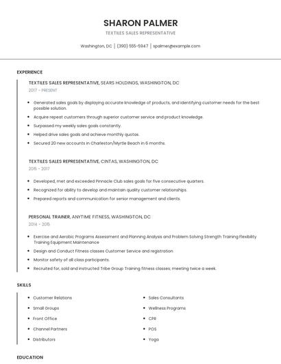 Textiles Sales Representative Resume