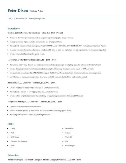 Texture Artist Resume