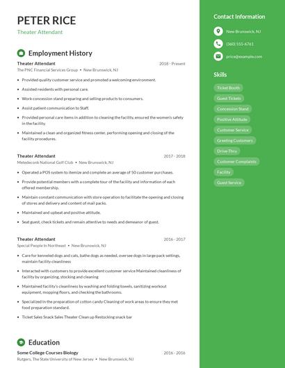 Theater Attendant Resume