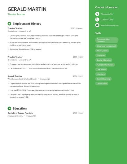 Theater Teacher Resume