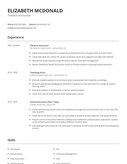 Theatre Instructor Resume