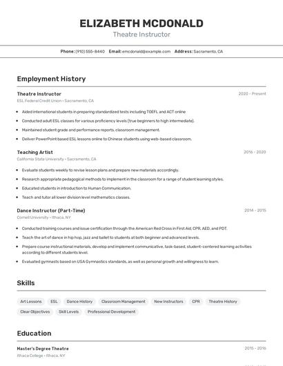 Theatre Instructor Resume