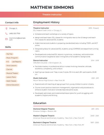 Theatre Instructor Resume