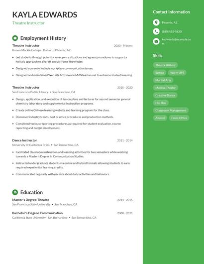 Theatre Instructor Resume