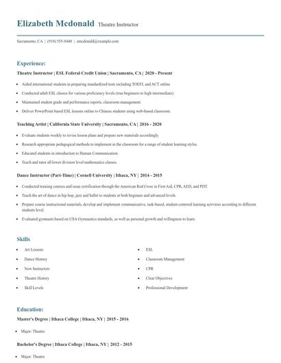 Theatre Instructor Resume