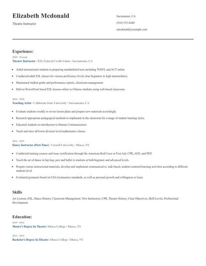 Theatre Instructor Resume