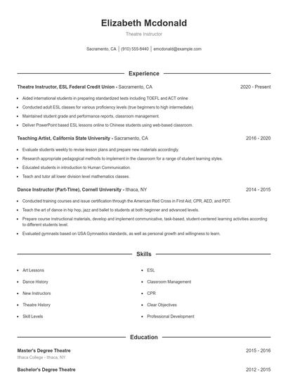 Theatre Instructor Resume