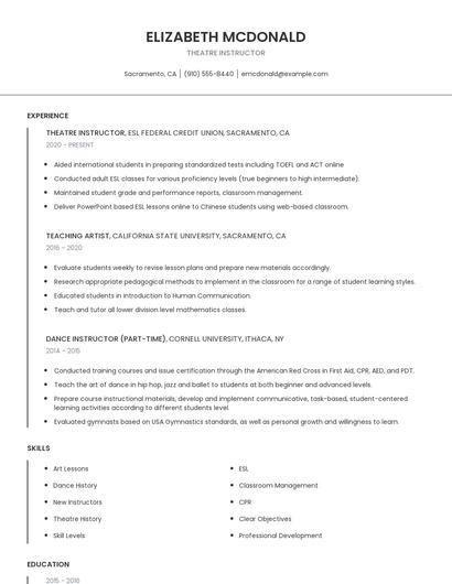 Theatre Instructor Resume