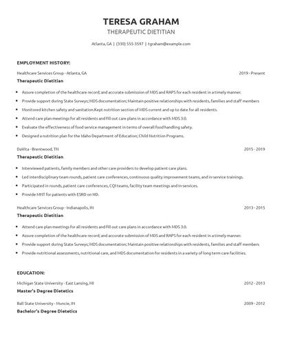 Therapeutic Dietitian Resume