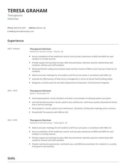 Therapeutic Dietitian Resume