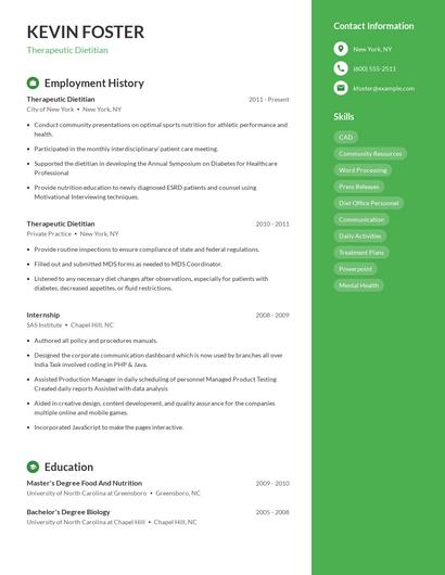 Therapeutic Dietitian Resume
