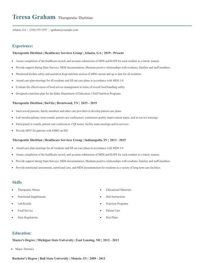 Therapeutic Dietitian Resume