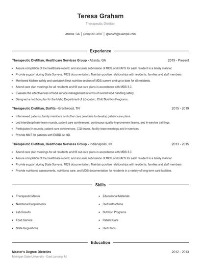 Therapeutic Dietitian Resume