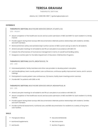 Therapeutic Dietitian Resume