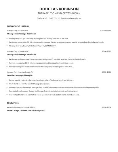 Therapeutic Massage Technician Resume